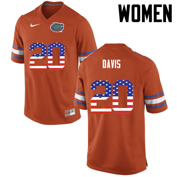 Women Florida Gators #20 Malik Davis College Football USA Flag Fashion Jerseys-Orange